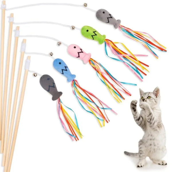 Cat Wand Toy with Fish Shape, Colorful Ribbons, Bell, and Catnip